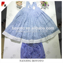 Designed  blue eyelet lace fabric Baby Girl Clothing Sets suit